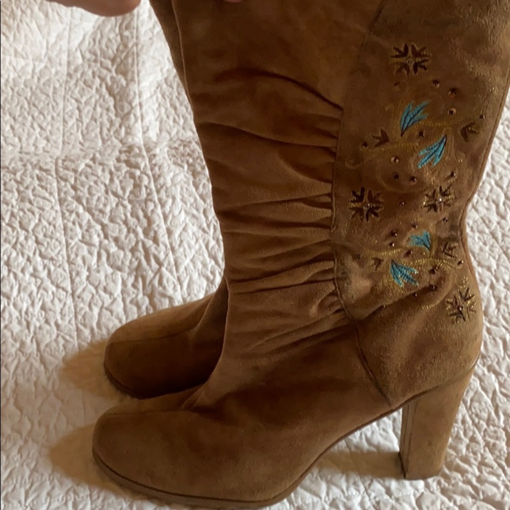 Embroidered Brown Suede Healed Boots